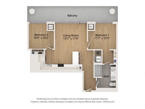 Floor plan for 2 beds, 1 bath, 823 sqft